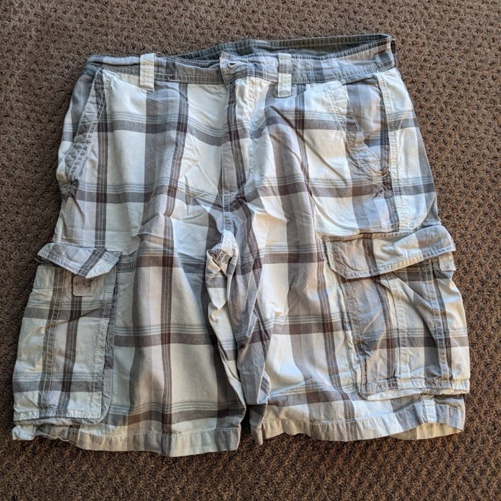 Men's, Plaid, Grey and White, Cargo Shorts
